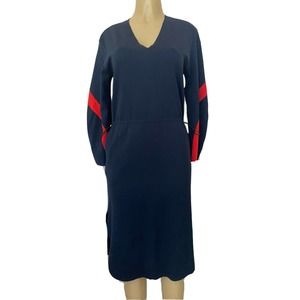 Nude (nude) Knit Dress Navy Blue Long Sleeve v Neck Drawstring Italy Poc…